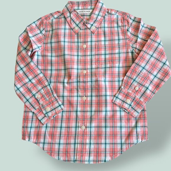 NEW 💛 Janie and Jack 💛 Plaid Cotton Poplin Shirt Coral Pink Spring Boys Size 3 - Picture 1 of 5